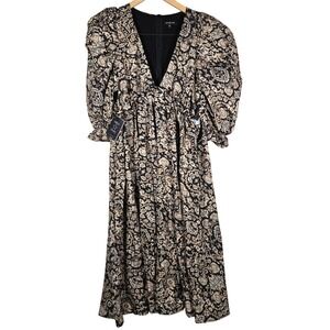 Area Stars Medallion Midi‎ Dress Tan Black Puff Sleeve V-Neck Size M NEW
